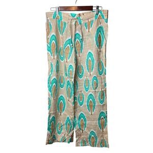 Nimo with Love Ikat Tan Turquoise Linen Pants Sz. S